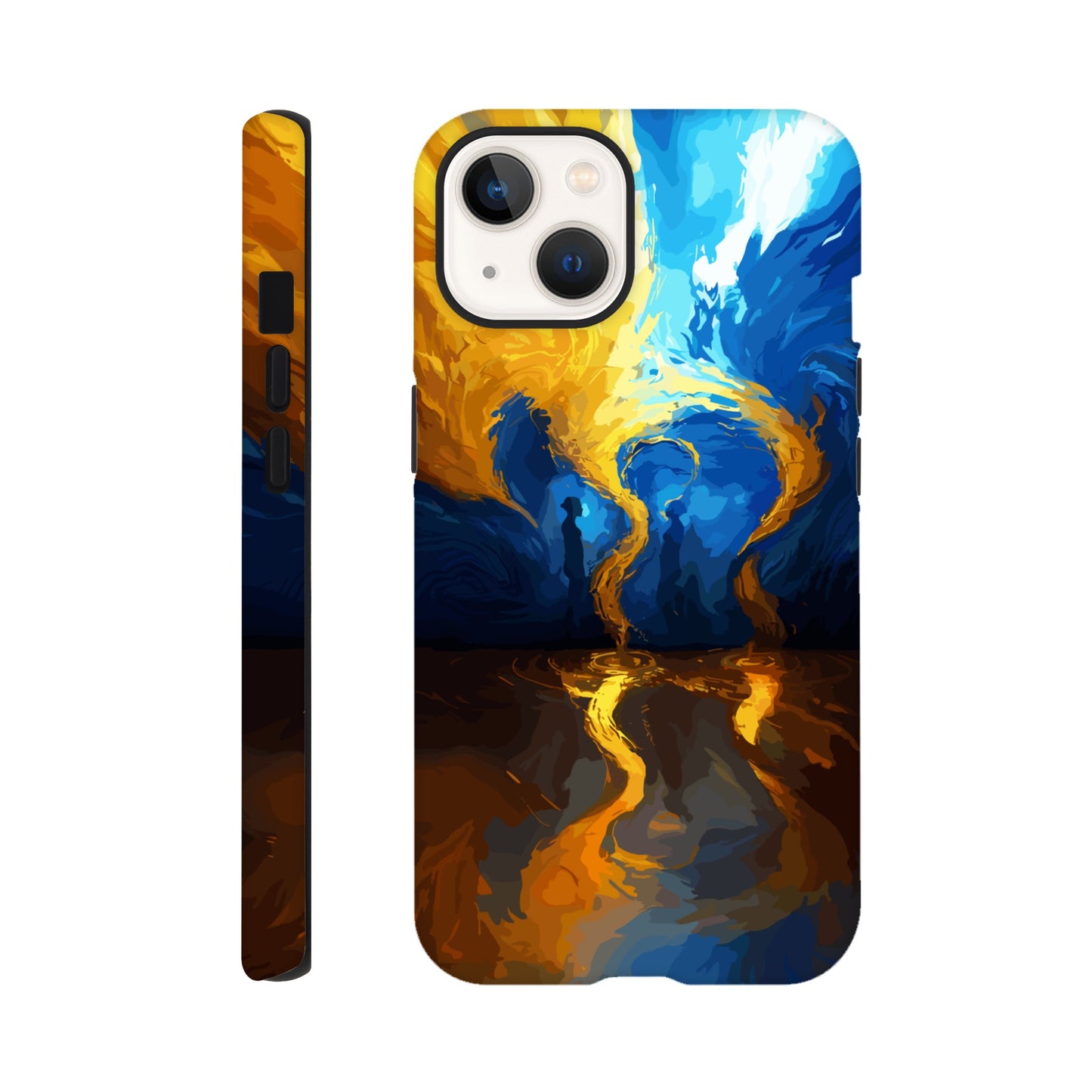 An iPhone 13 Phone Case with the following design on it -An abstract image of flowing thunder/lightning and waves. The colors of blue, orange, and yellow. There are two human forms facing each other in the middle of the image.