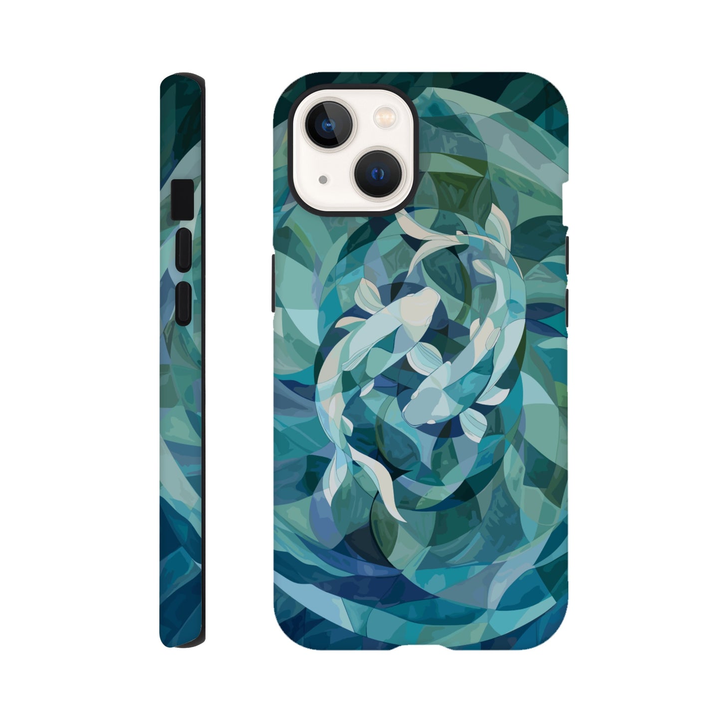 An Apple iPhone 13 Phone Case with the following design on it : A representation of the Pisces zodiac sign depicted as follows - A geometric abstract painting of fish swimming in circles, using shades and shapes to create the illusion that they form an endless circle. The color palette is soft with pastel blues and greens, giving it a calming effect. This artwork symbolizes motion, energy flow, chaos theory, infinite reflection, balance between movement and stillness