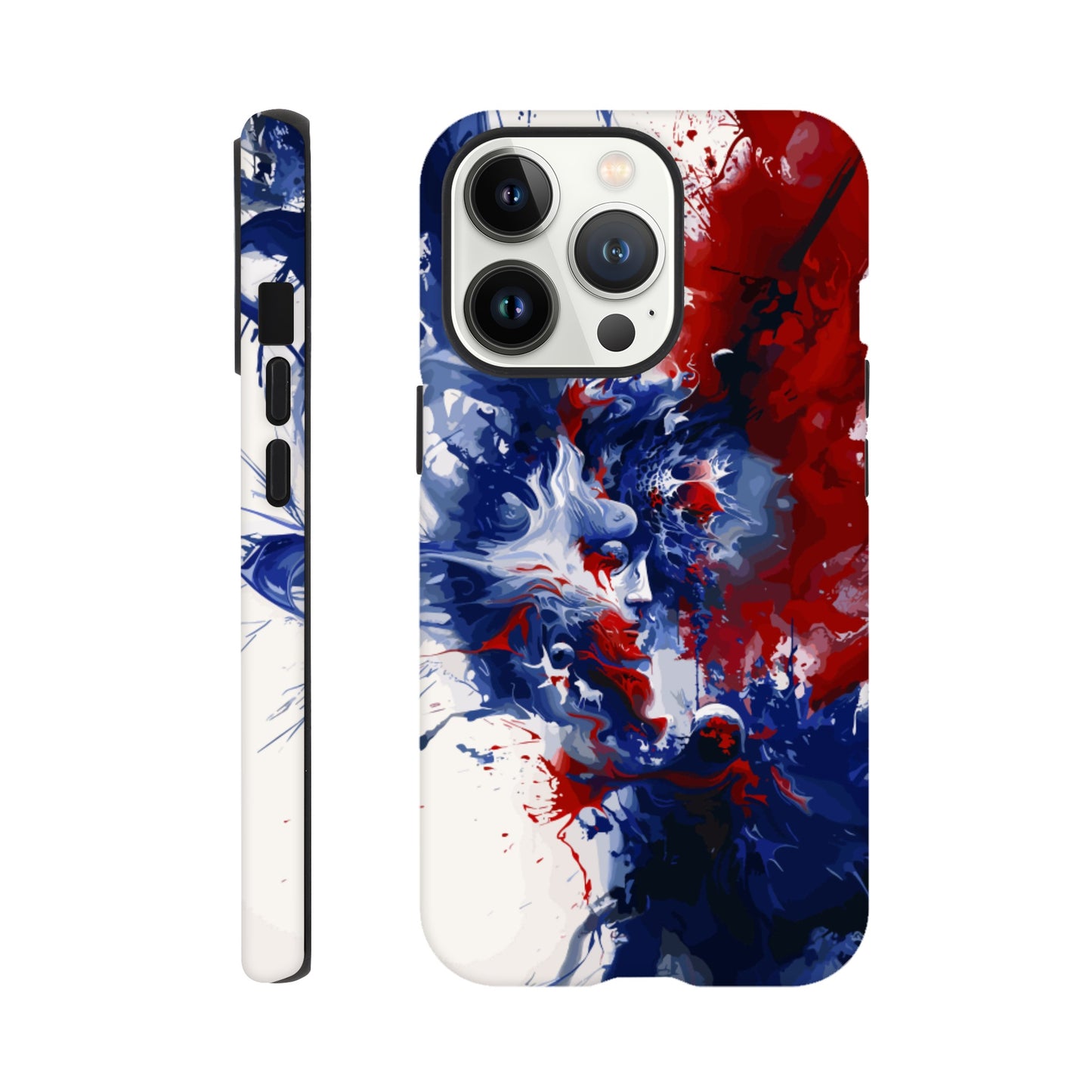 An Apple iPhone 13 Pro Phone Case with the following design on it: Abstract Blue and Red Painting, white background, ink painting, splash art in the style of ink painting, human profile in the middle which seems to be depicting someone in deep thought