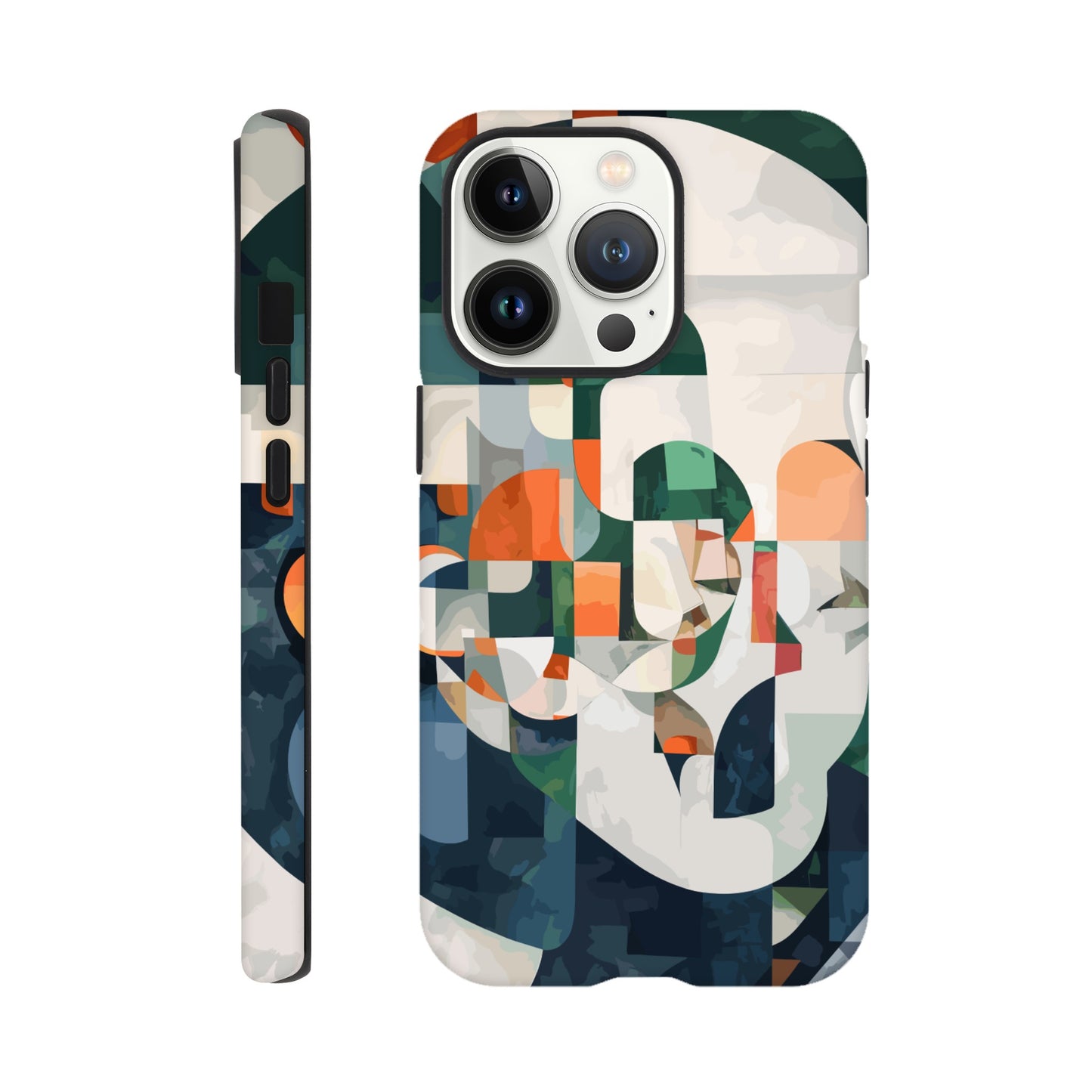 An iPhone 13 Pro Phone Case with the following design on it -A cubist-inspired portrait. The face is composed of geometric shapes and forms, with an abstract background that features soft gradients in shades of green, orange, blue, white, and grey. Abstract patterns surround the figure to create depth and movement against an emerald color palette.