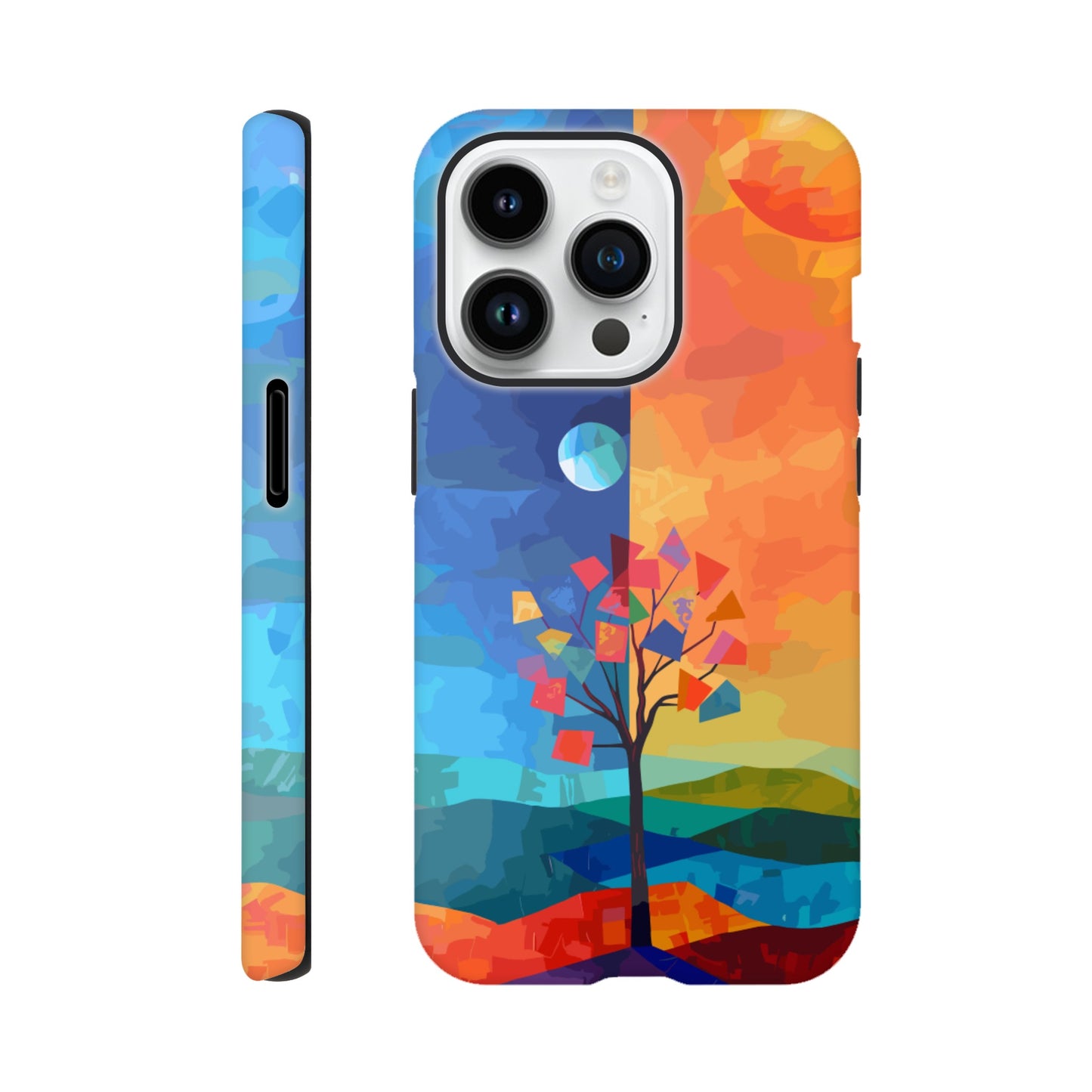 An Apple iPhone 14 Pro Phone Case with the following design on it - A landscape with two distinct color blocks representing day and night, featuring the sun on one side and the moonlight on the other, with a tree in between, depicted as geometric shapes and colors in the style of abstract art, with vibrant and contrasting colors, a modern digital painting