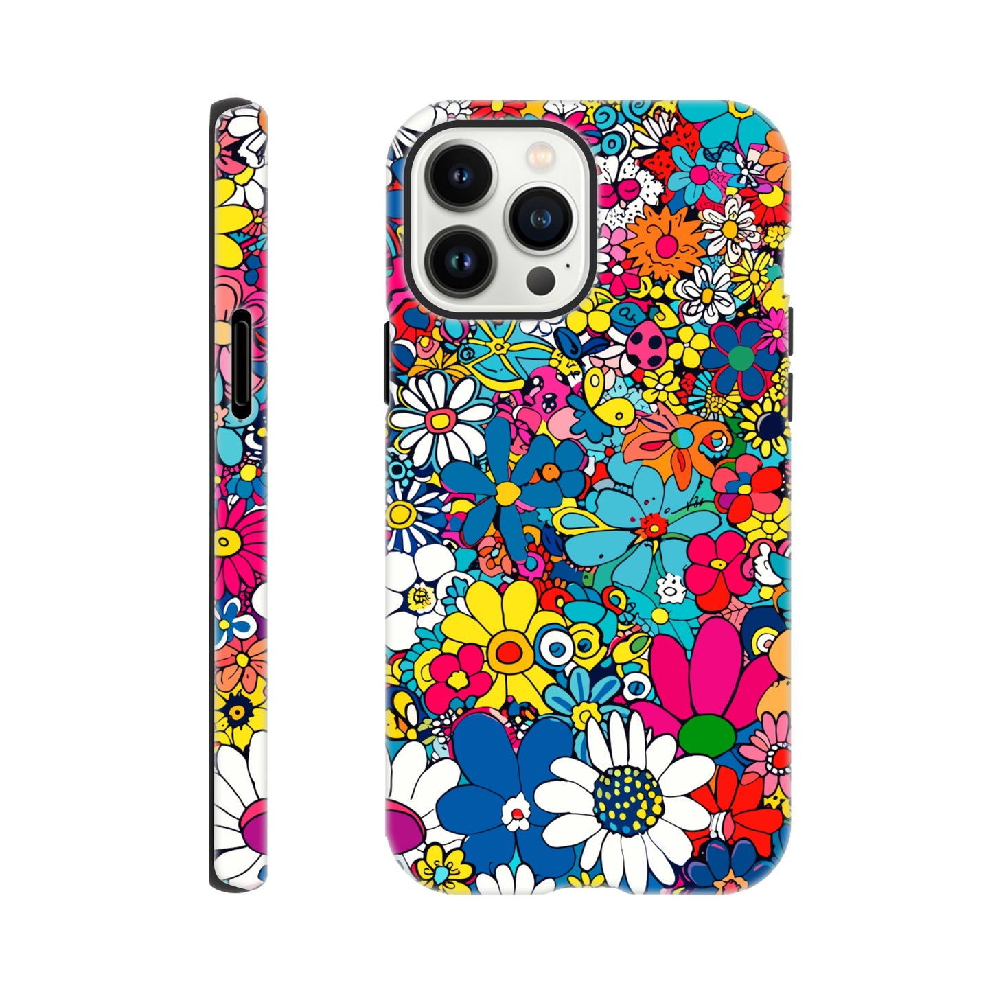 An Apple iPhone 13 Pro Max Phone Case with the following design on it : Lots of retro looking flowers of multiple colors with no discernible arrangement against a white background.
