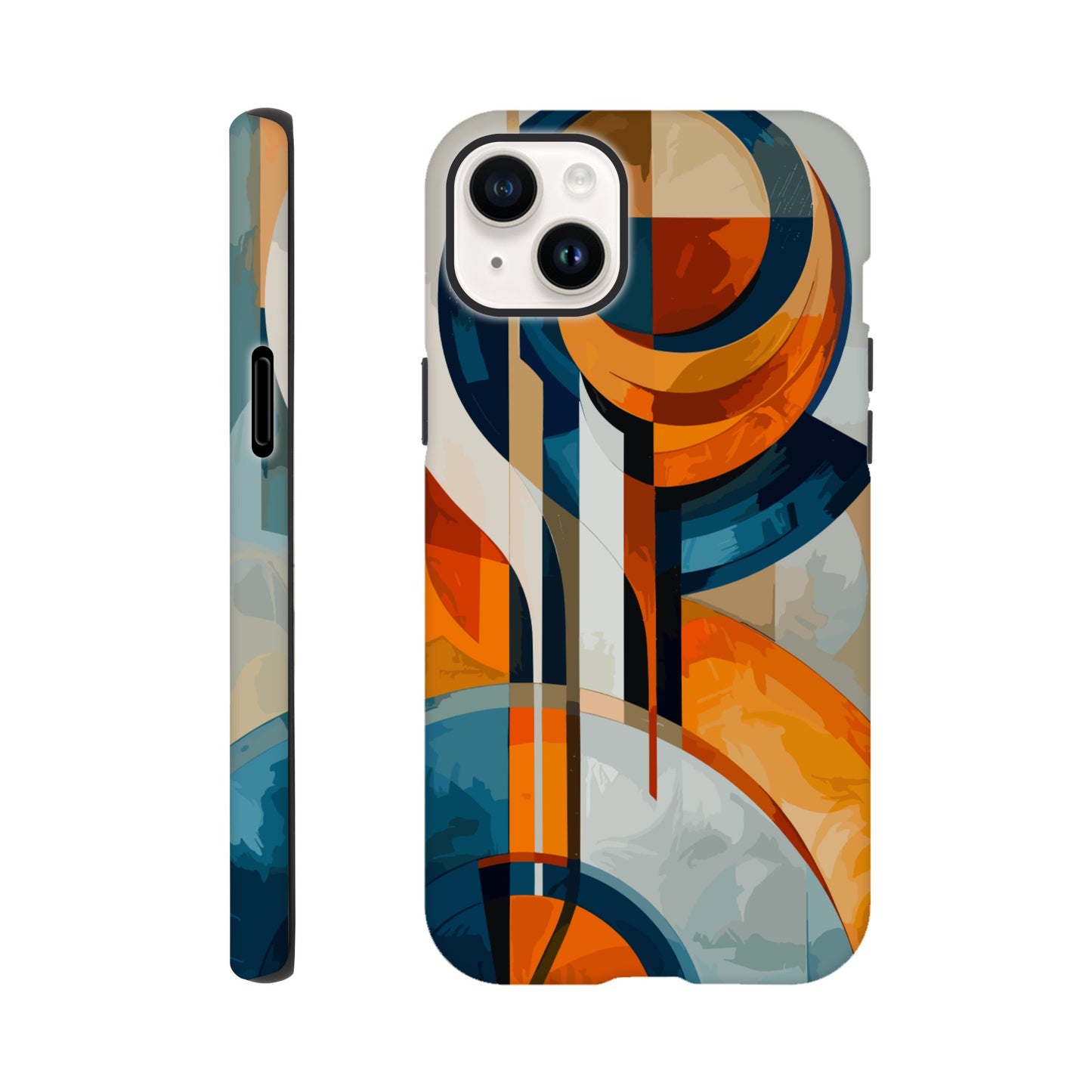 An Apple iPhone 14 Plus Phone Case with the following design on it: An abstract painting of an orange, blue and white circular design with lines in the style of cubism. The shapes create visual harmony by creating balance between soft curves and sharp angles. It uses flat color to give depth through gradients. There is an emphasis on the use of light and shadow. In some places there's an airbrush effect