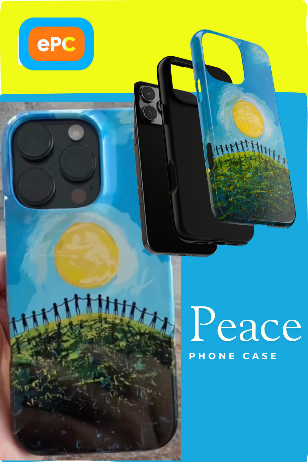 Peace phone case featuring silhouetted figures holding hands around a green hill beneath a radiant golden sun, symbolizing unity, harmony, and hope for a connected world.