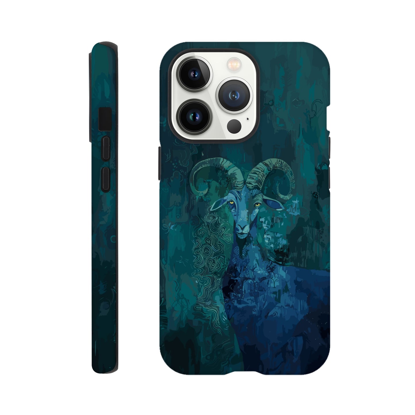 An Apple iPhone 13 Pro Phone Case with the following design on it - a Sea Goat, the symbol of the zodiac sign for Capricorn, fabric painting, dark green, indigo