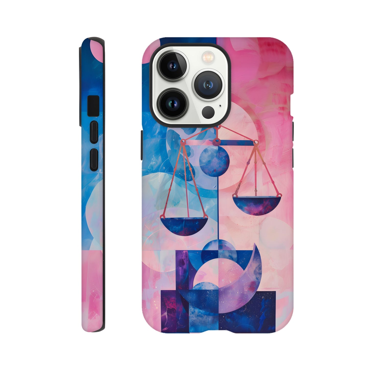 An Apple iPhone 13 Pro Phone Case with the following design on it : The Zodiac symbol for Libra, scales of justice theme, planet Venus in the background, Bauhaus style, royal blue, light pink