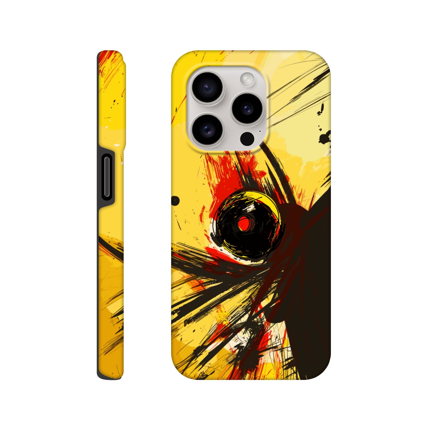 An Apple iPhone 15 Pro Phone Case with the following design on it : Abstract drawing of a humanoid insect hybrid figure, red and black colors. In the style of comic brush strokes that creates a kind of frenetic energy with a light yellow background.