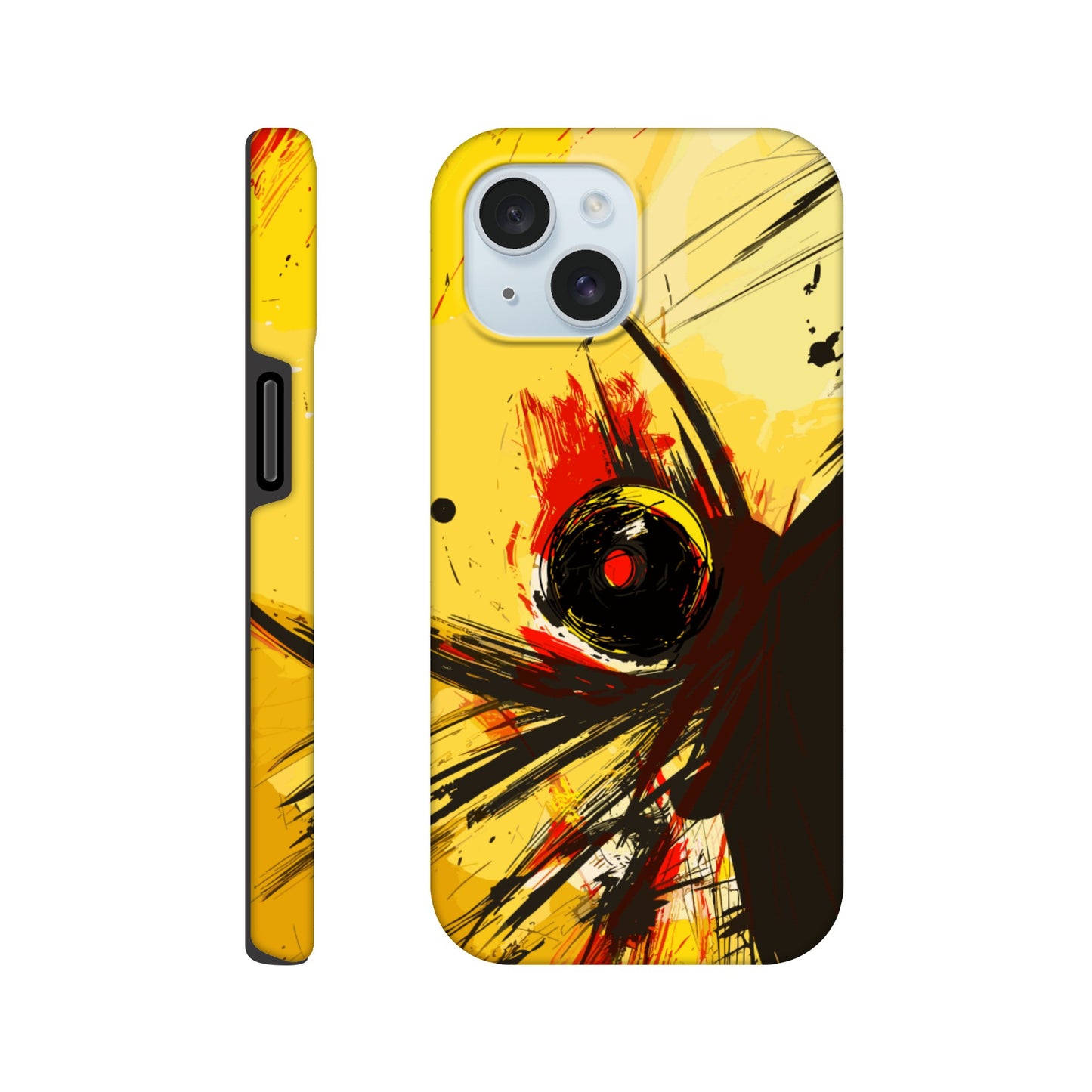 An Apple iPhone 15 Phone Case with the following design on it : Abstract drawing of a humanoid insect hybrid figure, red and black colors. In the style of comic brush strokes that creates a kind of frenetic energy with a light yellow background.