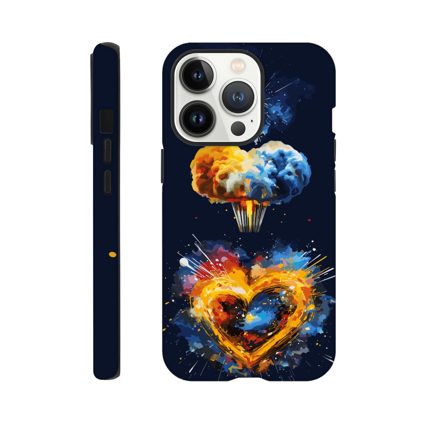 An Apple iPhone 13 Pro Phone Case with the following design on it - heart shaped milky way galaxy with a nuclear mushroom cloud emanating from the heart, pop art, royal blue, yellow, white, silver, black, orange