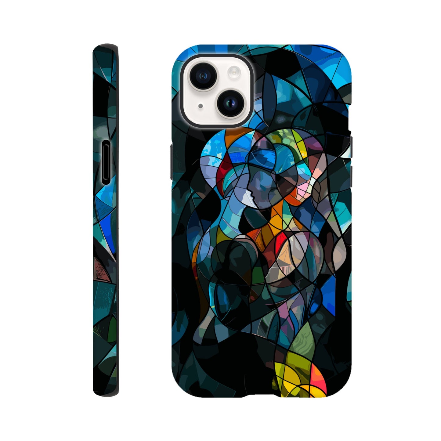 An Apple iPhone 14 Plus Phone Case with the following design: stained glass window of two people hugging, in the style of cubism, abstract shapes and lines, vibrant colors, dark background, hyper realistic