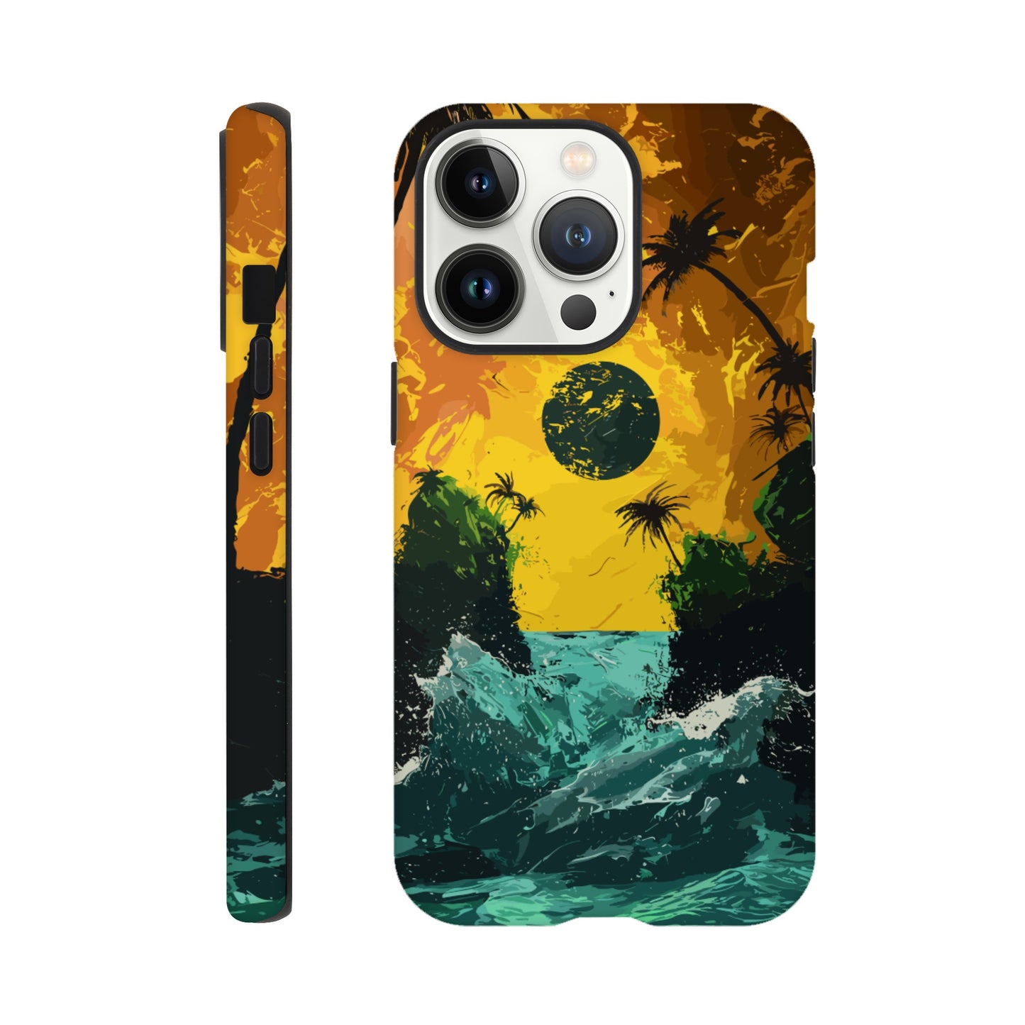 An Apple iPhone 13 Pro Phone Case with the following design on it - Two green islands separated by a violent royal green sea: yellow orangish sky: black sun, alien looking palm trees, surrealism