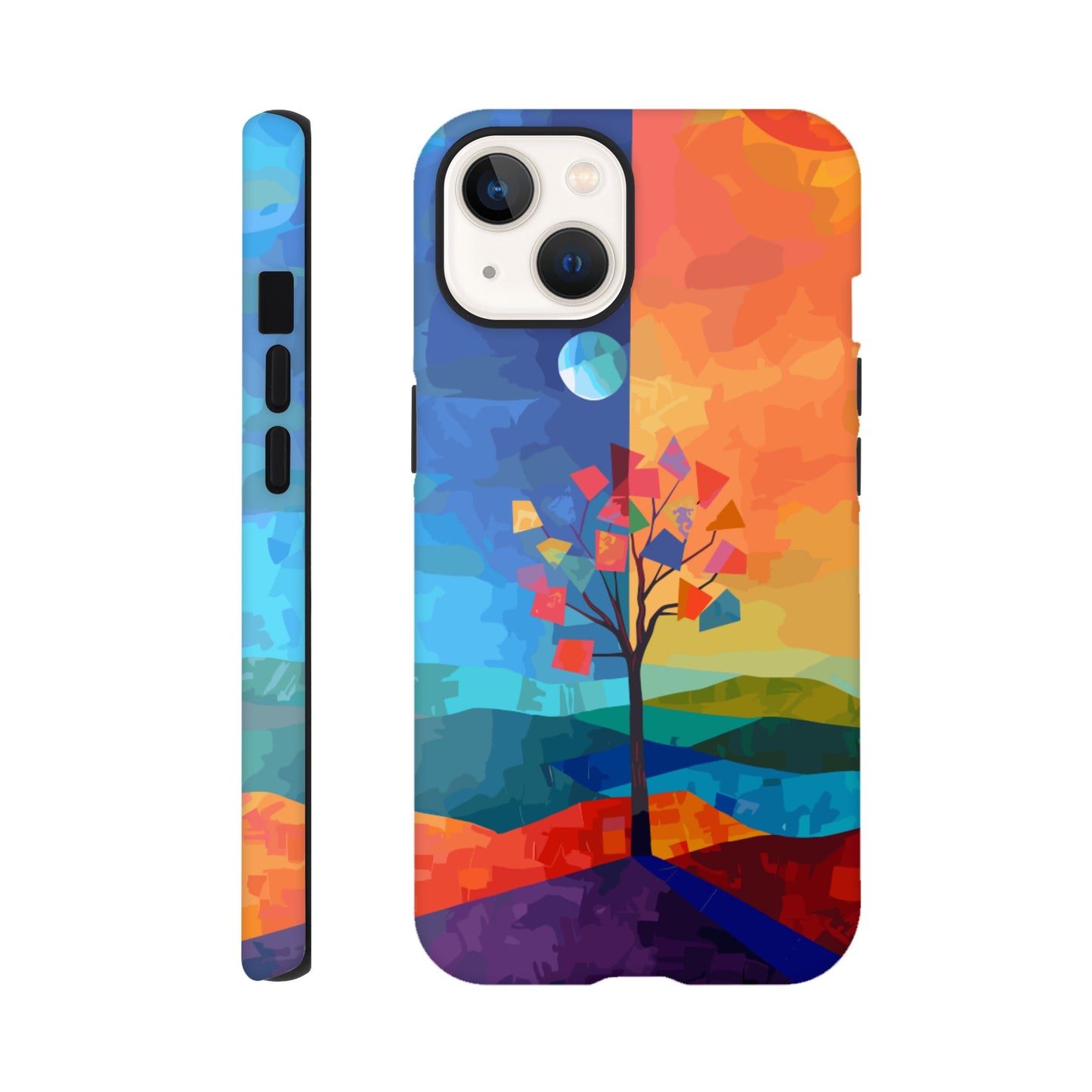 An Apple iPhone 13 Phone Case with the following design on it - A landscape with two distinct color blocks representing day and night, featuring the sun on one side and the moonlight on the other, with a tree in between, depicted as geometric shapes and colors in the style of abstract art, with vibrant and contrasting colors, a modern digital painting