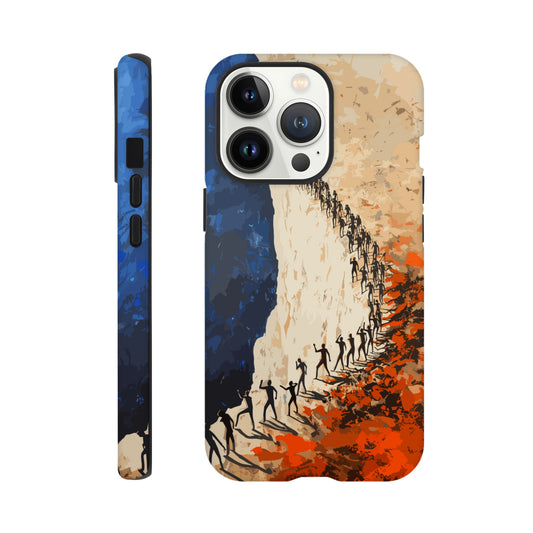 An Apple iPhone 13 Pro Phone Case with the following design on it: a very large group of human forms all pointing in different directions as they are marching towards a cliff, royal blue, white, red, orange, style of fauvism