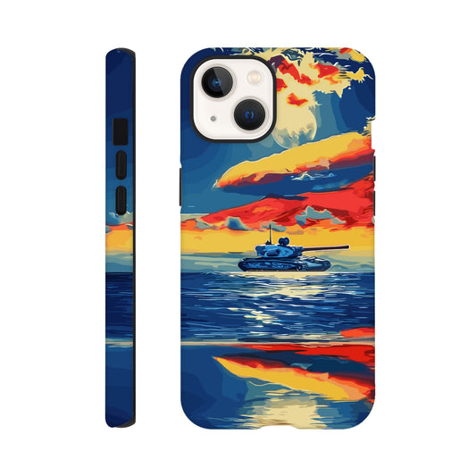 An Apple iPhone 13 Phone Case with the following design on it : A tank is sailing on the sea, with colorful clouds in the sky and a sunset reflection on the water surface, the style of an oil painting. The main colors of red, blue, yellow and orange are presented in a flat illustration