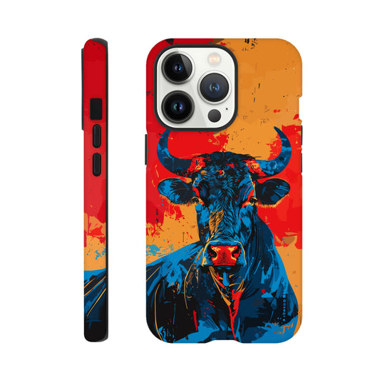 An Apple iPhone 13 Pro Phone Case with the following design on it: Abstract blue bull on a red background in the style of urban graffiti, the Bull is the symbol for the astrological sign of Taurus, flat painting with brush strokes, strong color contrast in the style of urban street art, cool and confident expression of the blue ox with an eye-catching label and strong visual impact