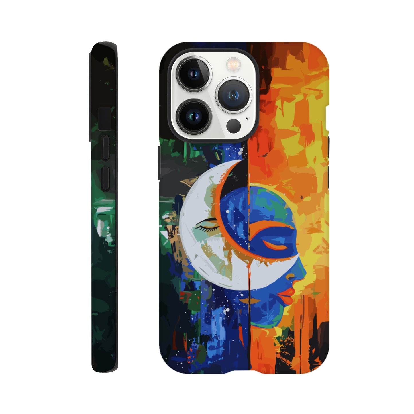 An Apple iPhone 13 Pro Phone Case with the following design on it - Abstract painting of a crescent moon and sun in the sky, half is orange blue green color with black silhouette of either a female or male face, other side has bright vibrant colors, abstract, modern art style