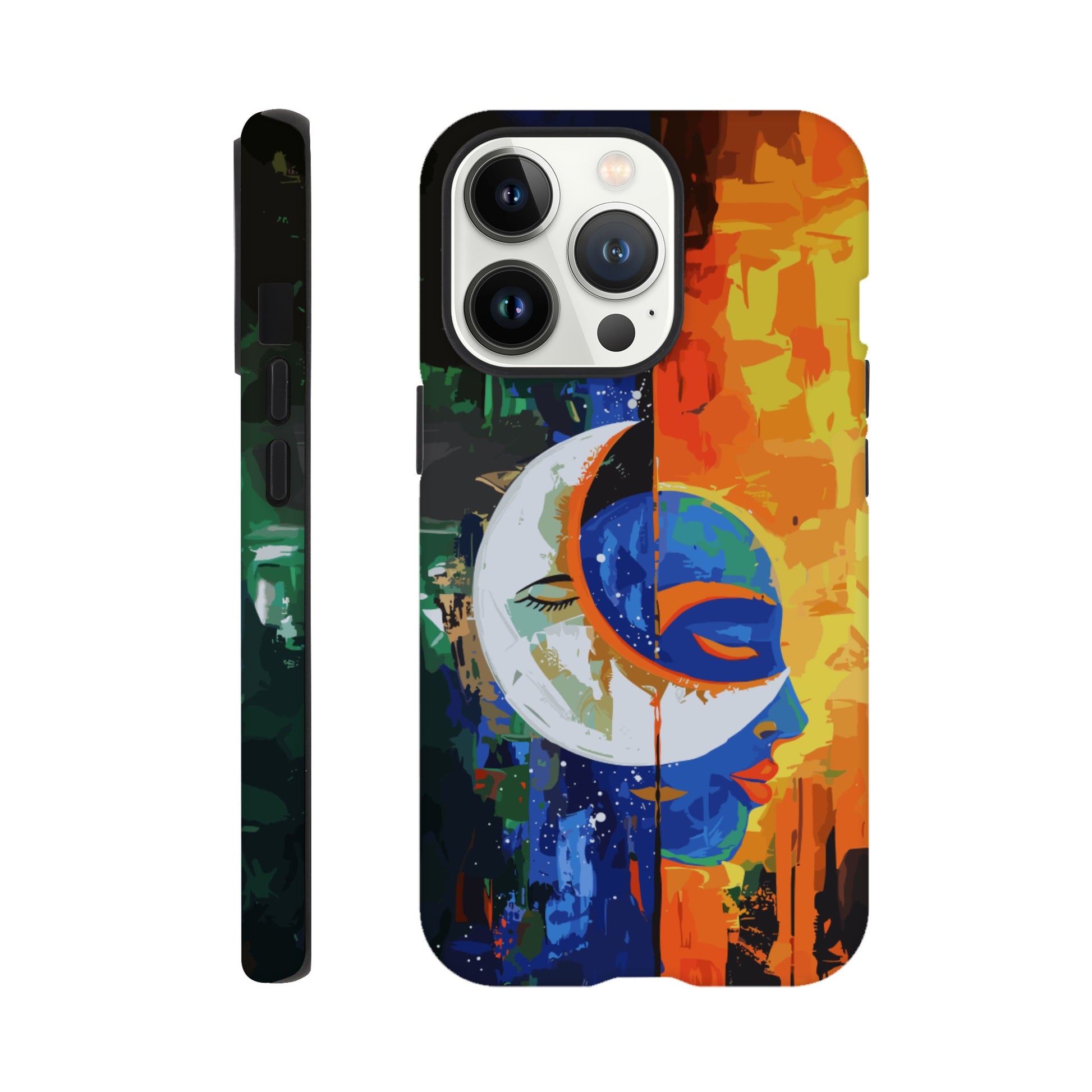 An Apple iPhone 13 Pro Phone Case with the following design on it - Abstract painting of a crescent moon and sun in the sky, half is orange blue green color with black silhouette of either a female or male face, other side has bright vibrant colors, abstract, modern art style