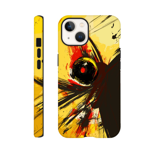 An Apple iPhone 13 Phone Case with the following design on it : Abstract drawing of a humanoid insect hybrid figure,  red and black colors. In the style of comic brush strokes that creates a kind of frenetic energy with a light yellow background.