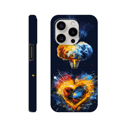 An Apple iPhone 15 Pro Phone Case with the following design on it - heart shaped milky way galaxy with a nuclear mushroom cloud emanating from the heart, pop art, royal blue, yellow, white, silver, black, orange
