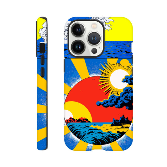 An Apple iPhone 13 Pro Phone Case with the following design on it: sun and clouds, blue sky with yellow rays of light, sun setting in the background, in the style of a Japanese illustration, blue sea wave on top left corner, red circle below centered, blue storm clouds inside red dot, colorful poster print style