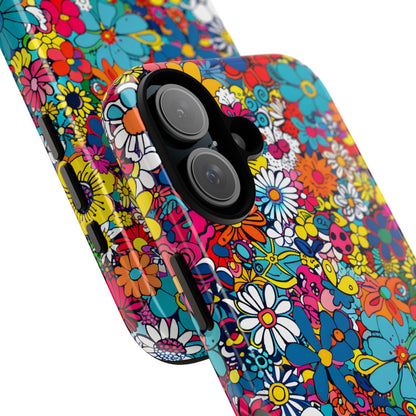Retro Flowers phone case featuring a vibrant collage of colorful floral illustrations in a playful vintage-inspired design, celebrating creativity, joy, and timeless flower power style.