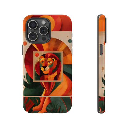 Vibrant Leo zodiac phone case featuring a majestic geometric lion surrounded by warm orange and red hues, capturing the bold, confident spirit of the Leo star sign.