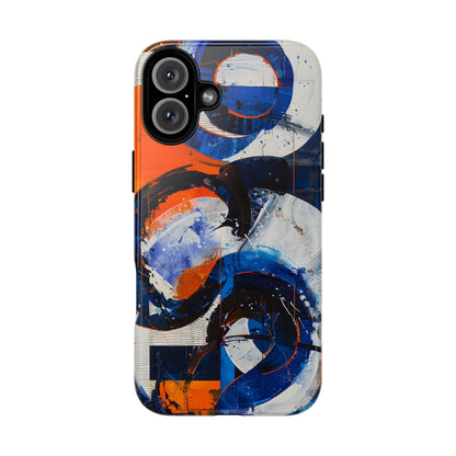Recipe for Love and Conflict phone case featuring bold blue, orange, white, and black abstract circular forms with expressive brushstrokes and contemporary geometric artwork.