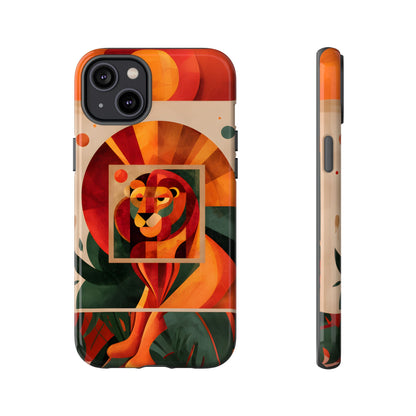 Vibrant Leo zodiac phone case featuring a majestic geometric lion surrounded by warm orange and red hues, capturing the bold, confident spirit of the Leo star sign.