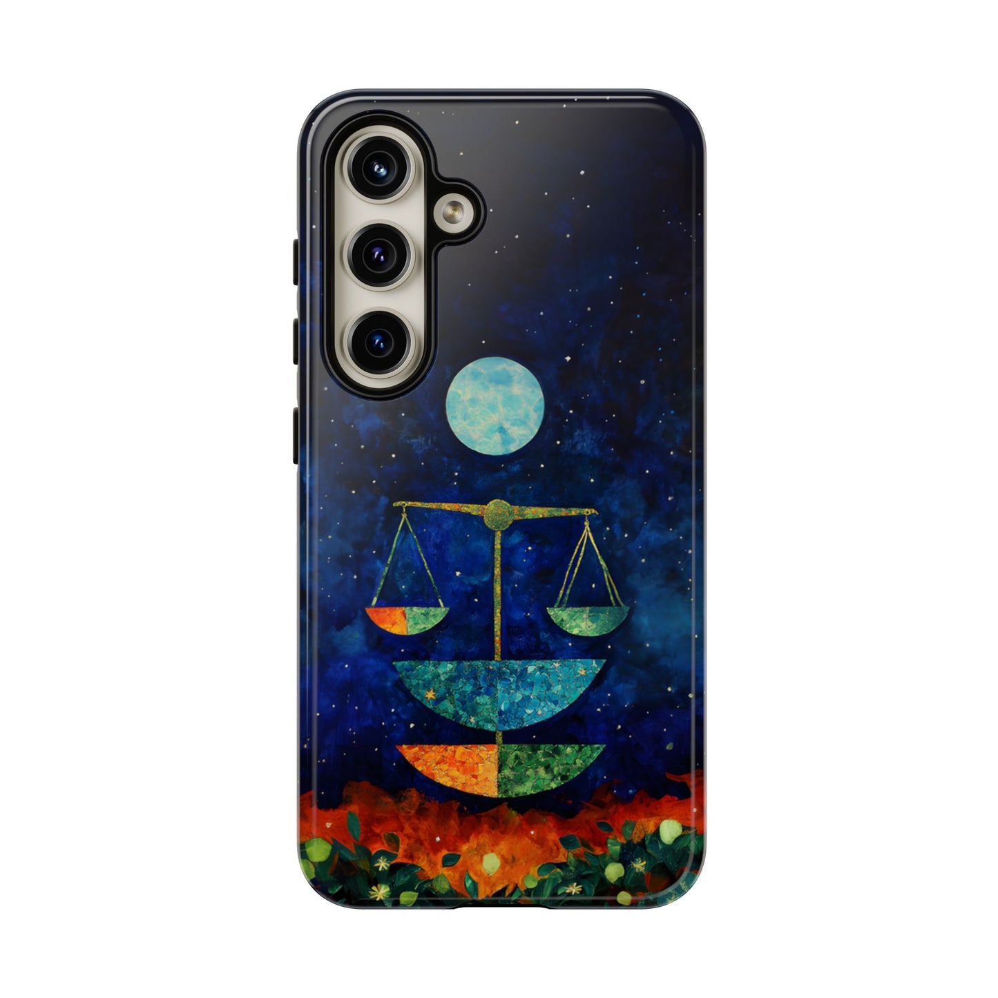 Libra zodiac phone case featuring elegant celestial scales beneath a glowing moon in a star-filled night sky, capturing the balanced and harmonious spirit of Libra.
