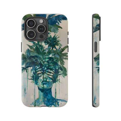 Deceitful Palms phone case featuring a surreal teal portrait partially concealed by lush tropical palm leaves, blending botanical imagery with abstract expression to symbolize hidden truths, perception, and mystery.