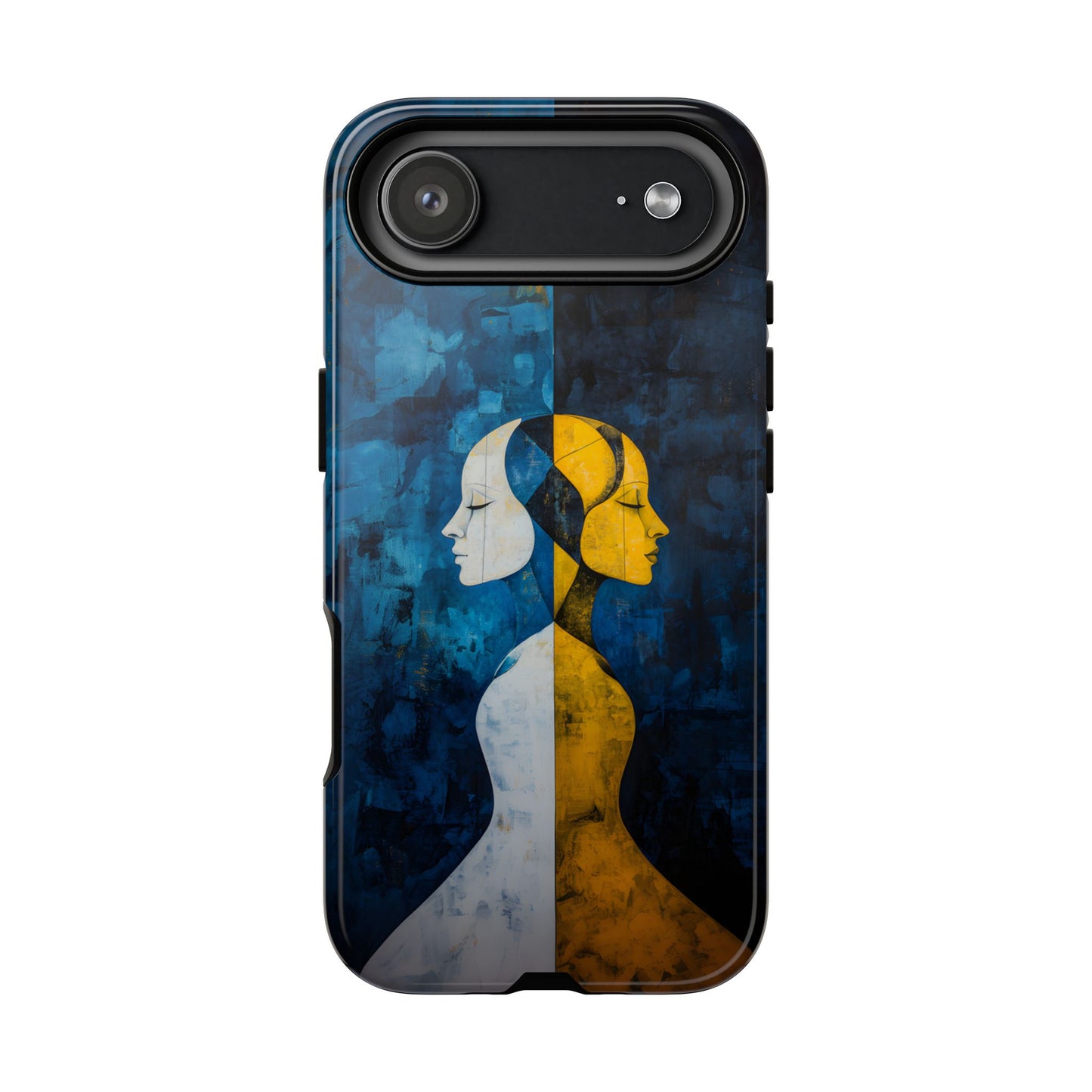 Gemini zodiac phone case featuring stylized twin figures rendered in gold and ivory against a richly textured midnight blue background, symbolizing the dual nature of Gemini.