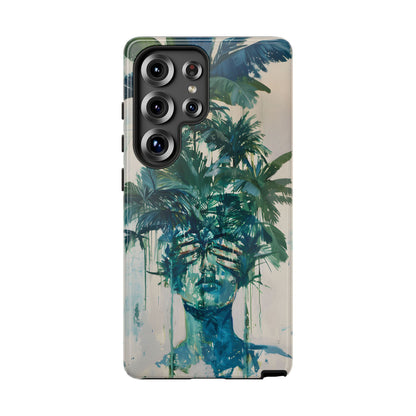 Deceitful Palms phone case featuring a surreal teal portrait partially concealed by lush tropical palm leaves, blending botanical imagery with abstract expression to symbolize hidden truths, perception, and mystery.