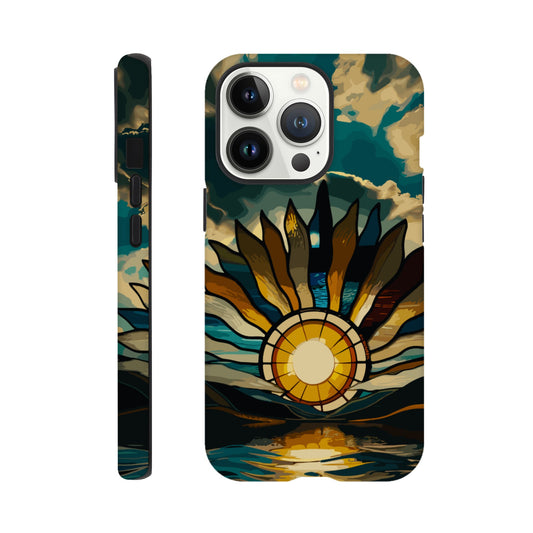 An iPhone 13 Pro Phone Case with the following design on it: A giant stained glass sun, with rays of light reflecting on the water below, in a cinematic, epic, fantasy art style