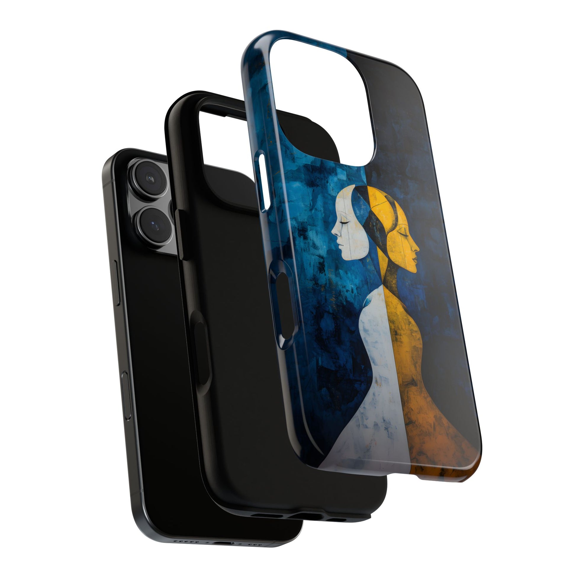 Gemini zodiac phone case featuring stylized twin figures rendered in gold and ivory against a richly textured midnight blue background, symbolizing the dual nature of Gemini.