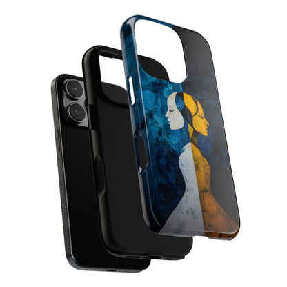 Gemini zodiac phone case featuring stylized twin figures rendered in gold and ivory against a richly textured midnight blue background, symbolizing the dual nature of Gemini.