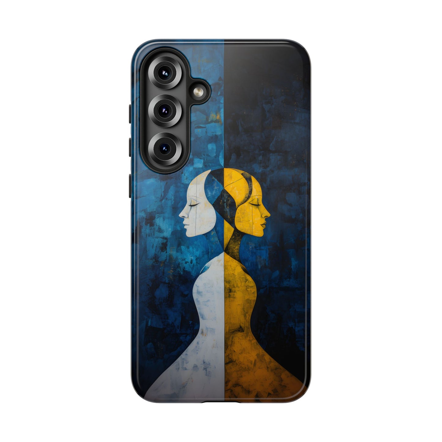 Gemini zodiac phone case featuring stylized twin figures rendered in gold and ivory against a richly textured midnight blue background, symbolizing the dual nature of Gemini.