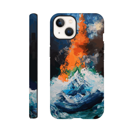 An Apple iPhone 13 Phone Case with the following design on it - the Mariana Trench engulfing Mount Everest, cartoonish surrealism, blue, white, green, orange, black
