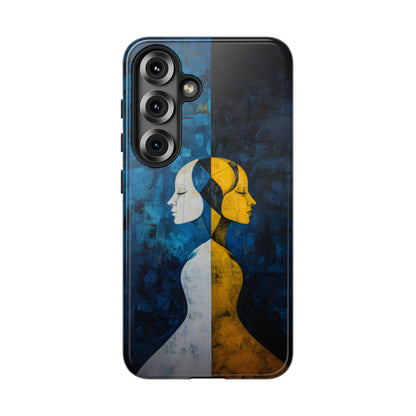 Gemini zodiac phone case featuring stylized twin figures rendered in gold and ivory against a richly textured midnight blue background, symbolizing the dual nature of Gemini.