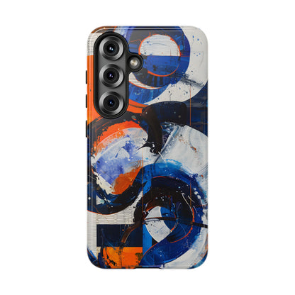 Recipe for Love and Conflict phone case featuring bold blue, orange, white, and black abstract circular forms with expressive brushstrokes and contemporary geometric artwork.