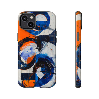 Recipe for Love and Conflict phone case featuring bold blue, orange, white, and black abstract circular forms with expressive brushstrokes and contemporary geometric artwork.