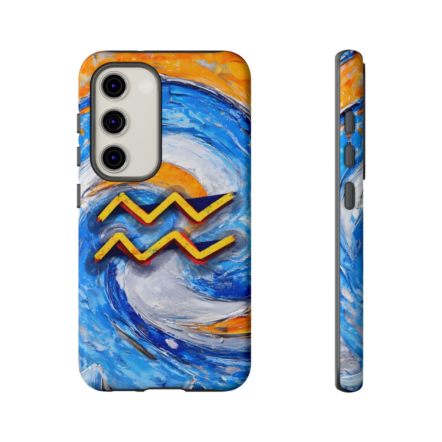 Aquarius zodiac phone case featuring vibrant blue swirling artwork, orange accents, and a bold Aquarius symbol on a protective glossy phone case.
