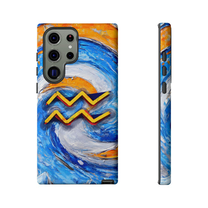 Aquarius zodiac phone case featuring vibrant blue swirling artwork, orange accents, and a bold Aquarius symbol on a protective glossy phone case.