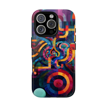 Abstract Portal phone case featuring colorful interwoven curves, concentric circles, and vibrant geometric artwork in blue, purple, orange, pink, and teal.