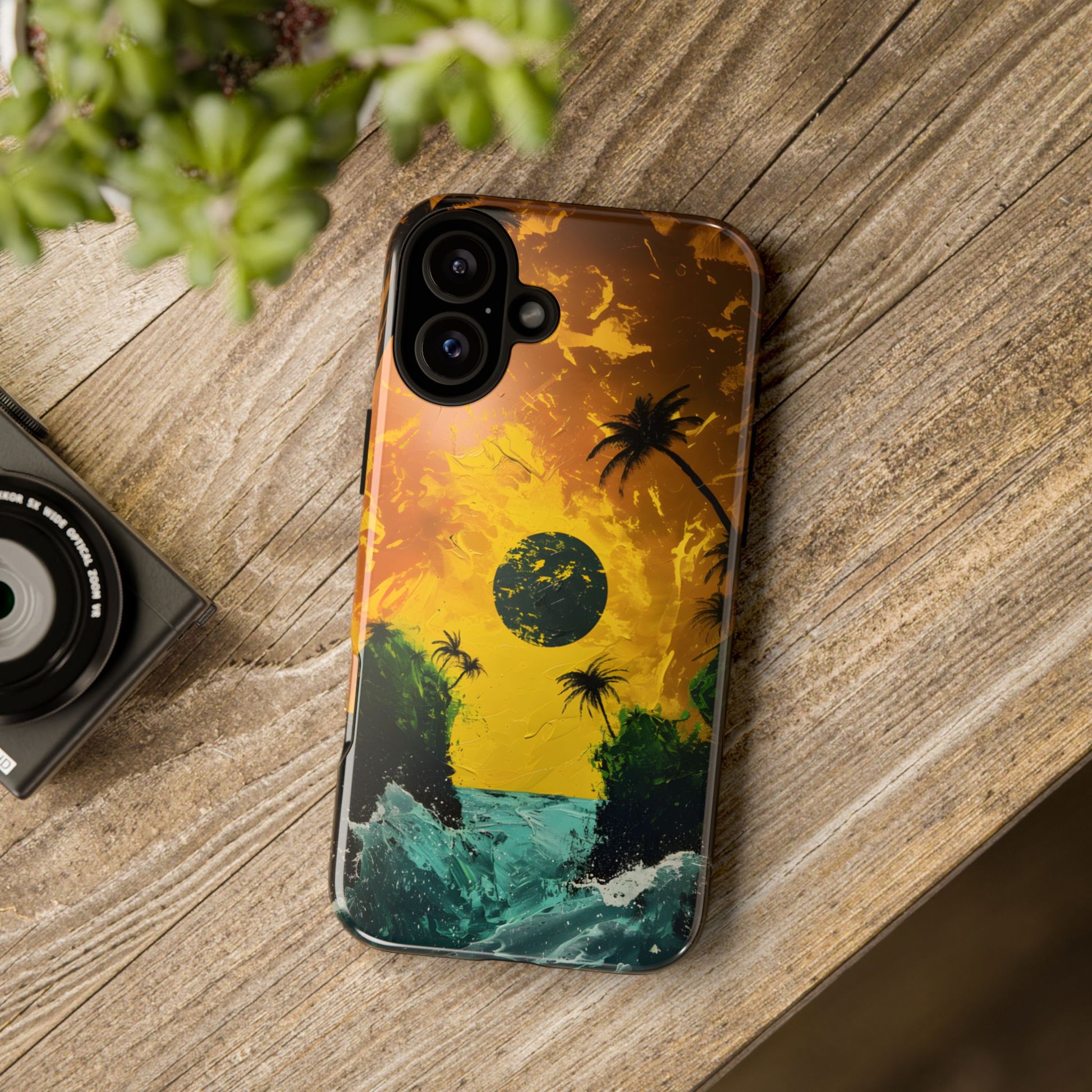 Islands Separated by a Violent Sea phone case featuring tropical islands divided by crashing ocean waves beneath a dramatic golden sky, symbolizing distance, resilience, and the struggle to bridge divides.