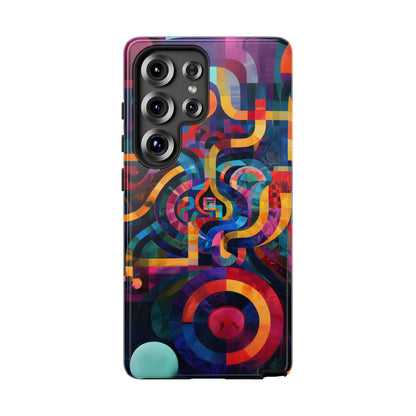 Abstract Portal phone case featuring colorful interwoven curves, concentric circles, and vibrant geometric artwork in blue, purple, orange, pink, and teal.
