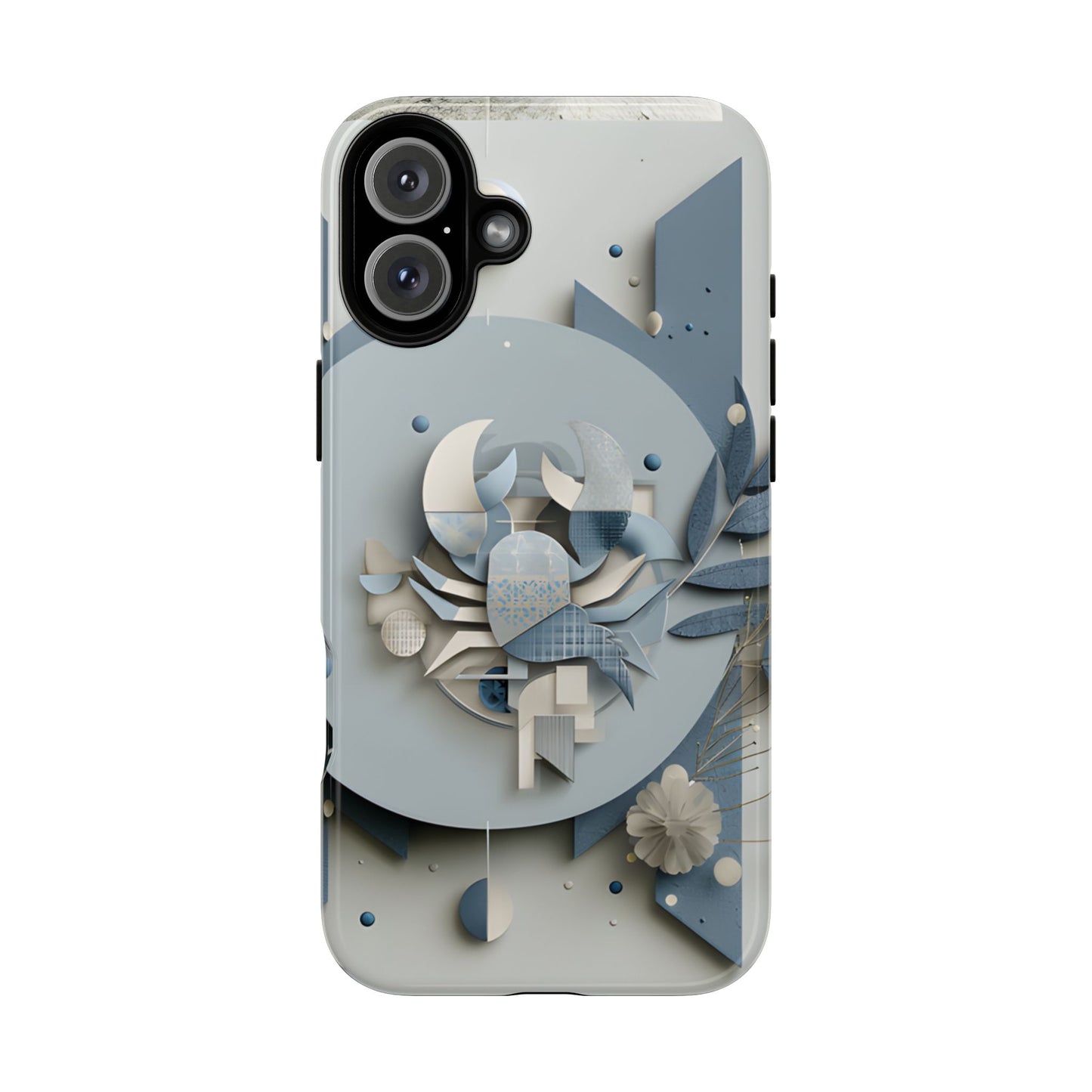 Cancer zodiac phone case featuring a stylized crab design, layered blue-gray artwork, and elegant geometric details on a protective glossy phone case.