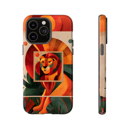 Vibrant Leo zodiac phone case featuring a majestic geometric lion surrounded by warm orange and red hues, capturing the bold, confident spirit of the Leo star sign.