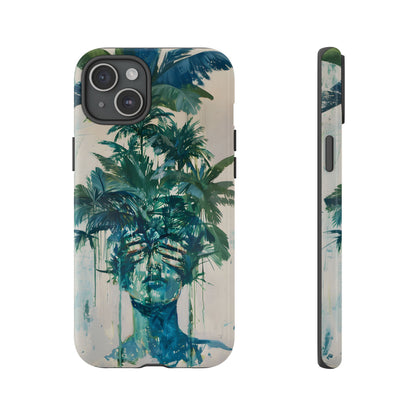 Deceitful Palms phone case featuring a surreal teal portrait partially concealed by lush tropical palm leaves, blending botanical imagery with abstract expression to symbolize hidden truths, perception, and mystery.