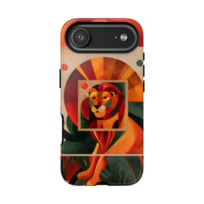 Vibrant Leo zodiac phone case featuring a majestic geometric lion surrounded by warm orange and red hues, capturing the bold, confident spirit of the Leo star sign.
