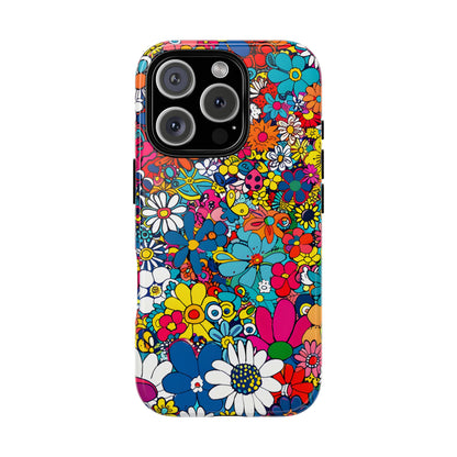 Retro Flowers phone case featuring a vibrant collage of colorful floral illustrations in a playful vintage-inspired design, celebrating creativity, joy, and timeless flower power style.